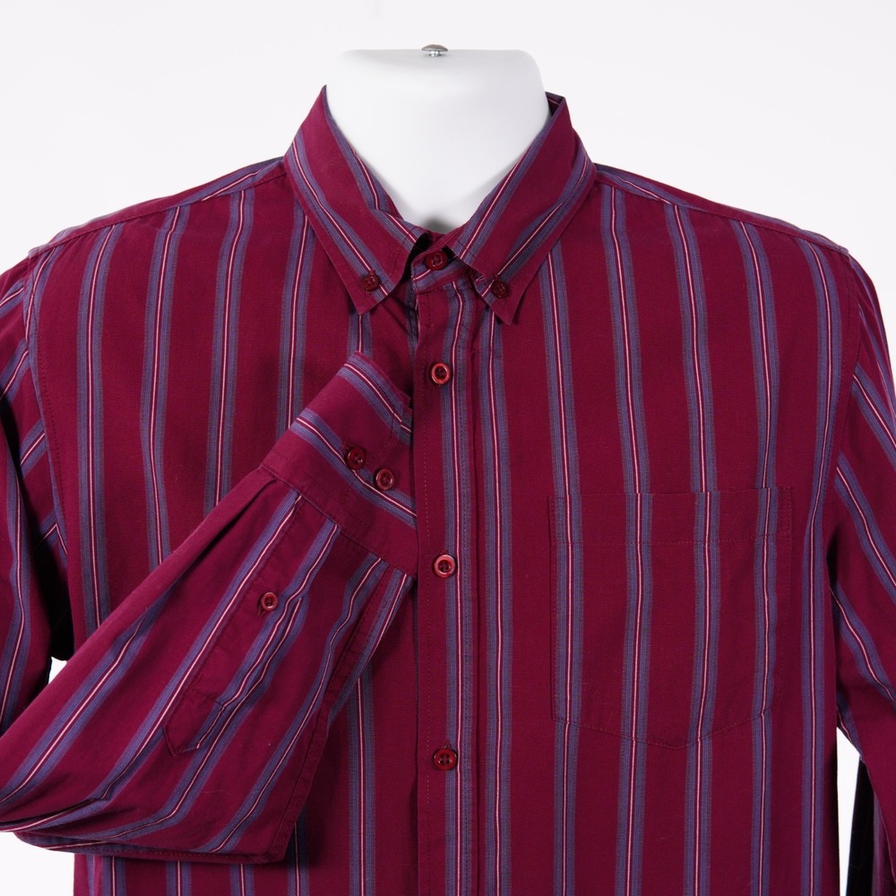 VSTR Premium Mens Medium Red Blue Striped Button Down Cotton Shirt 12B35